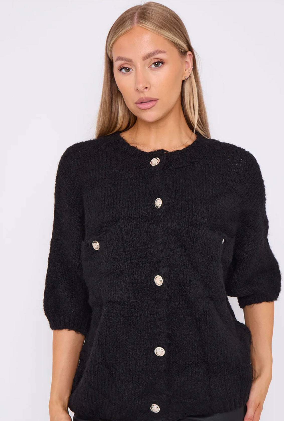 Gold Button Short Sleeve Cardigan- Caterina