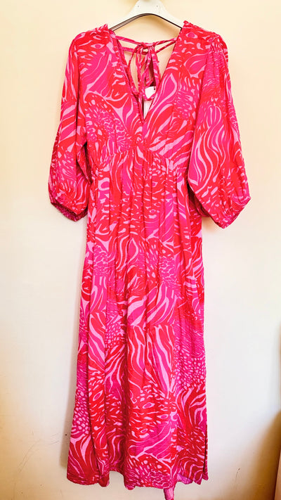 Coral Print Cotton Maxi Italian Dress- Corallo