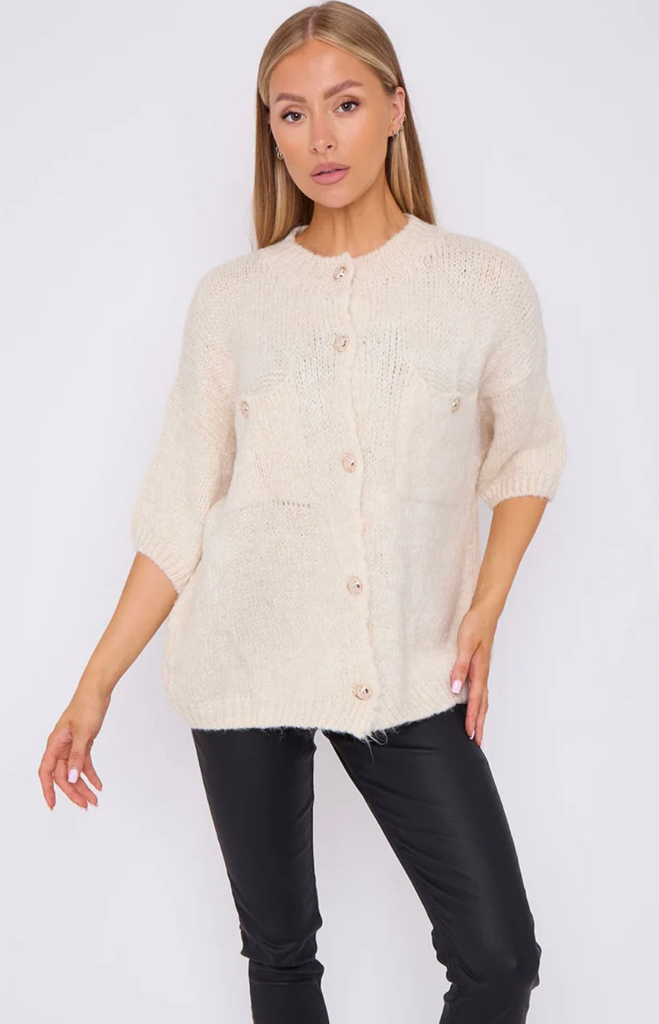 Gold Button Short Sleeve Cardigan- Caterina