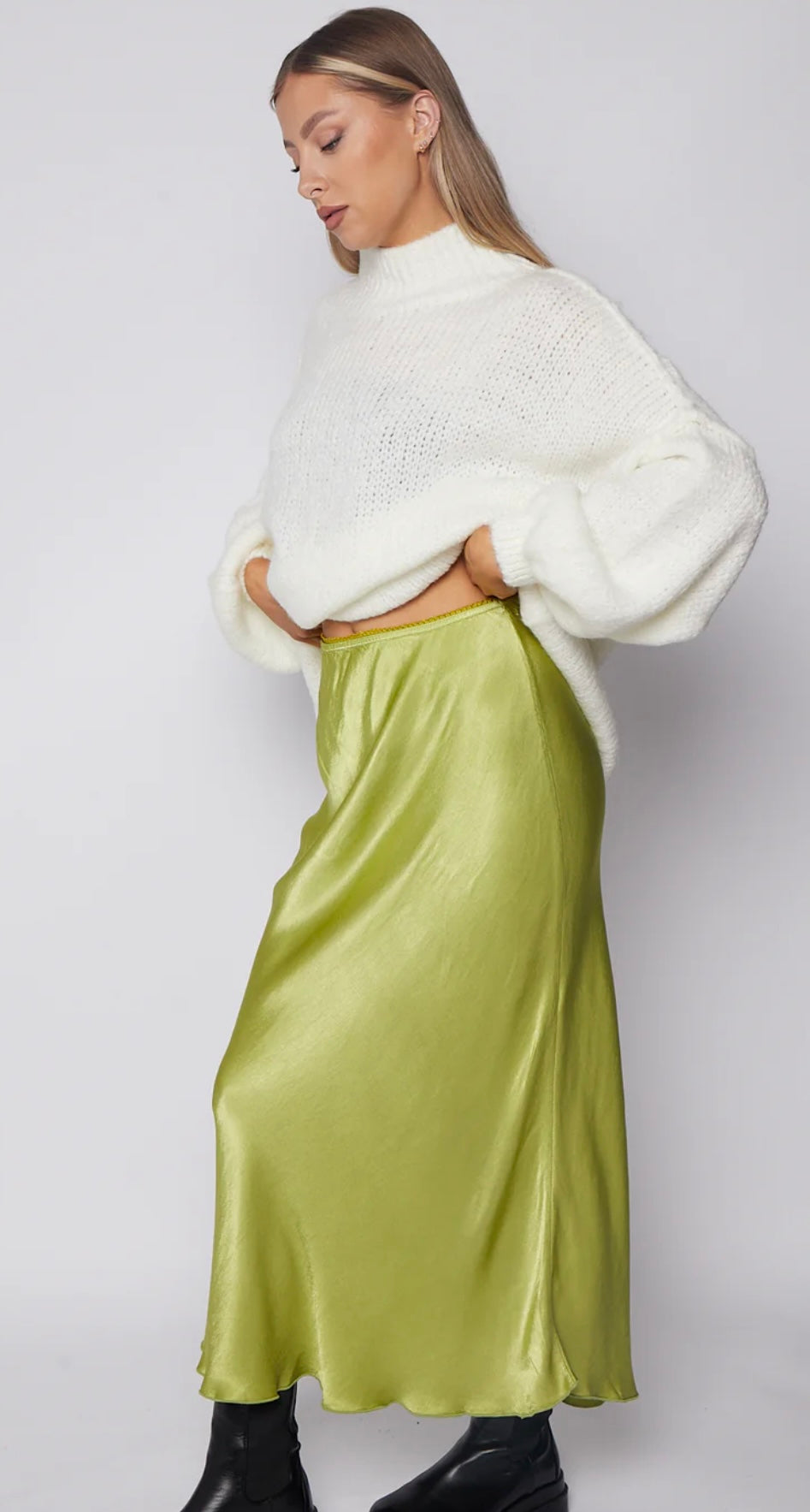 Green satin bias-cut midi skirt best sale