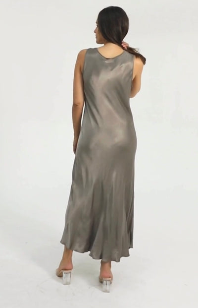 Satin Bias Cut V- Neck Maxi Dress- Cher