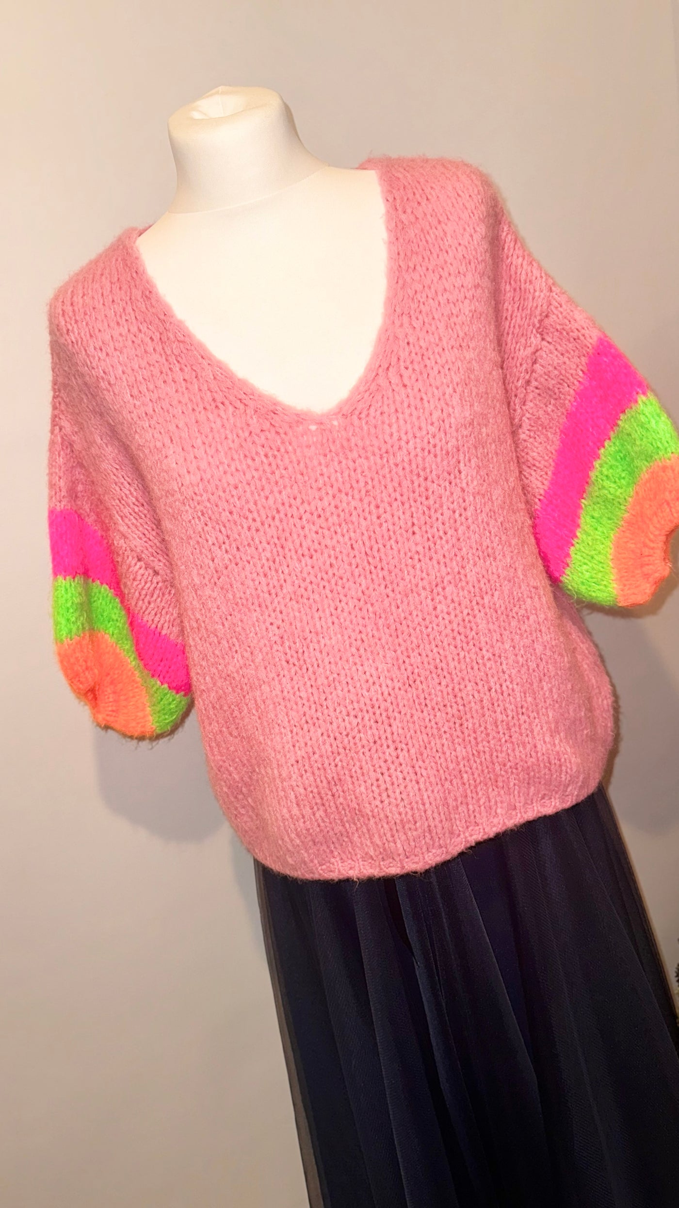 Chunky Knit V-Neck Jumper Neon Sleeves- Audrey