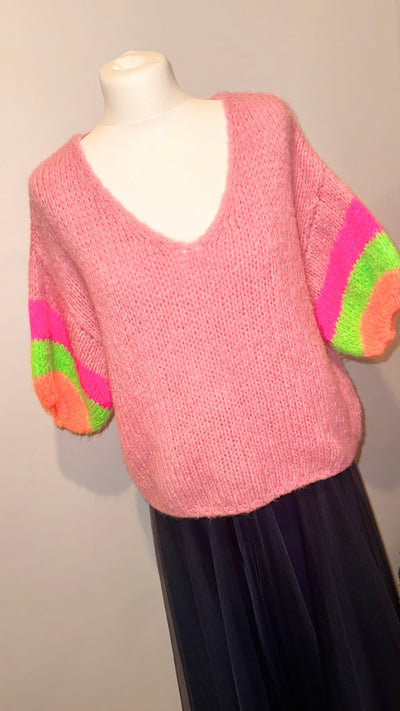 Chunky Knit V-Neck Jumper Neon Sleeves- Audrey