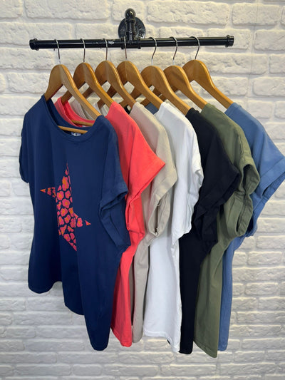 Cometa leopard star print T-shirt in assorted colours including navy, coral, white, black, and khaki – stylish summer tops from Aria Italian Style Boutique