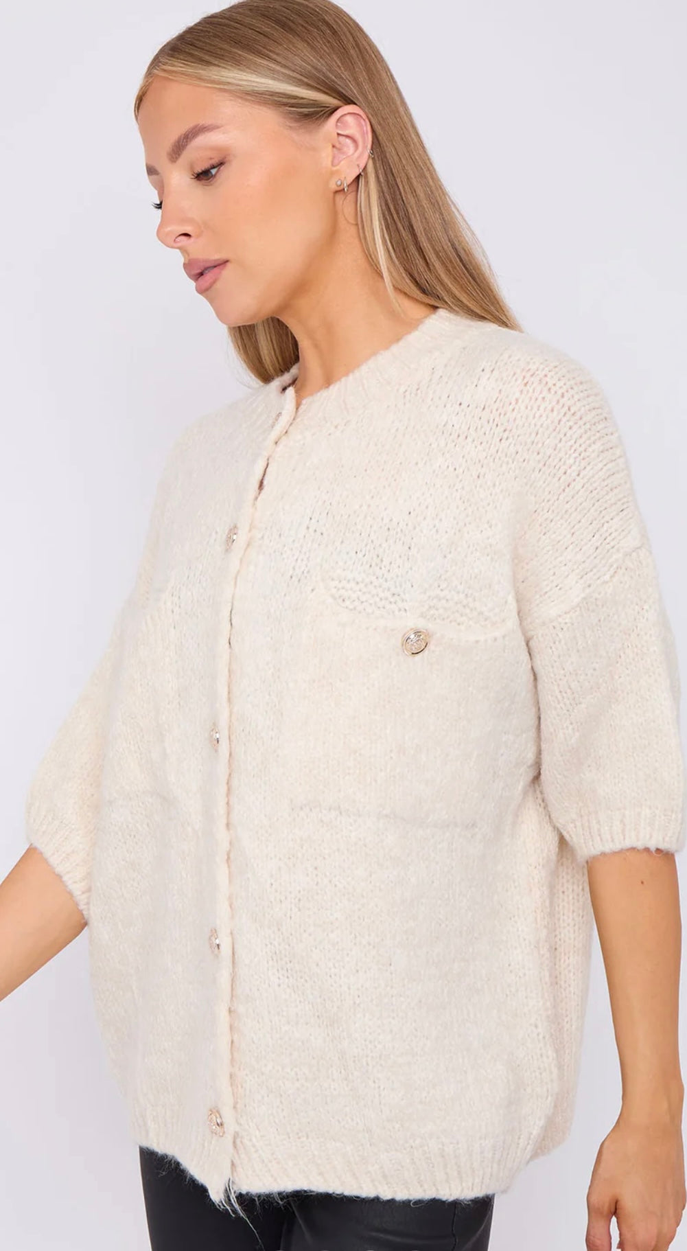 Gold Button Short Sleeve Cardigan- Caterina