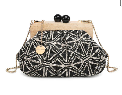 Black & Ivory Geometric Clutch Bag With Wooden Frame & Gold Chain-Kassandra