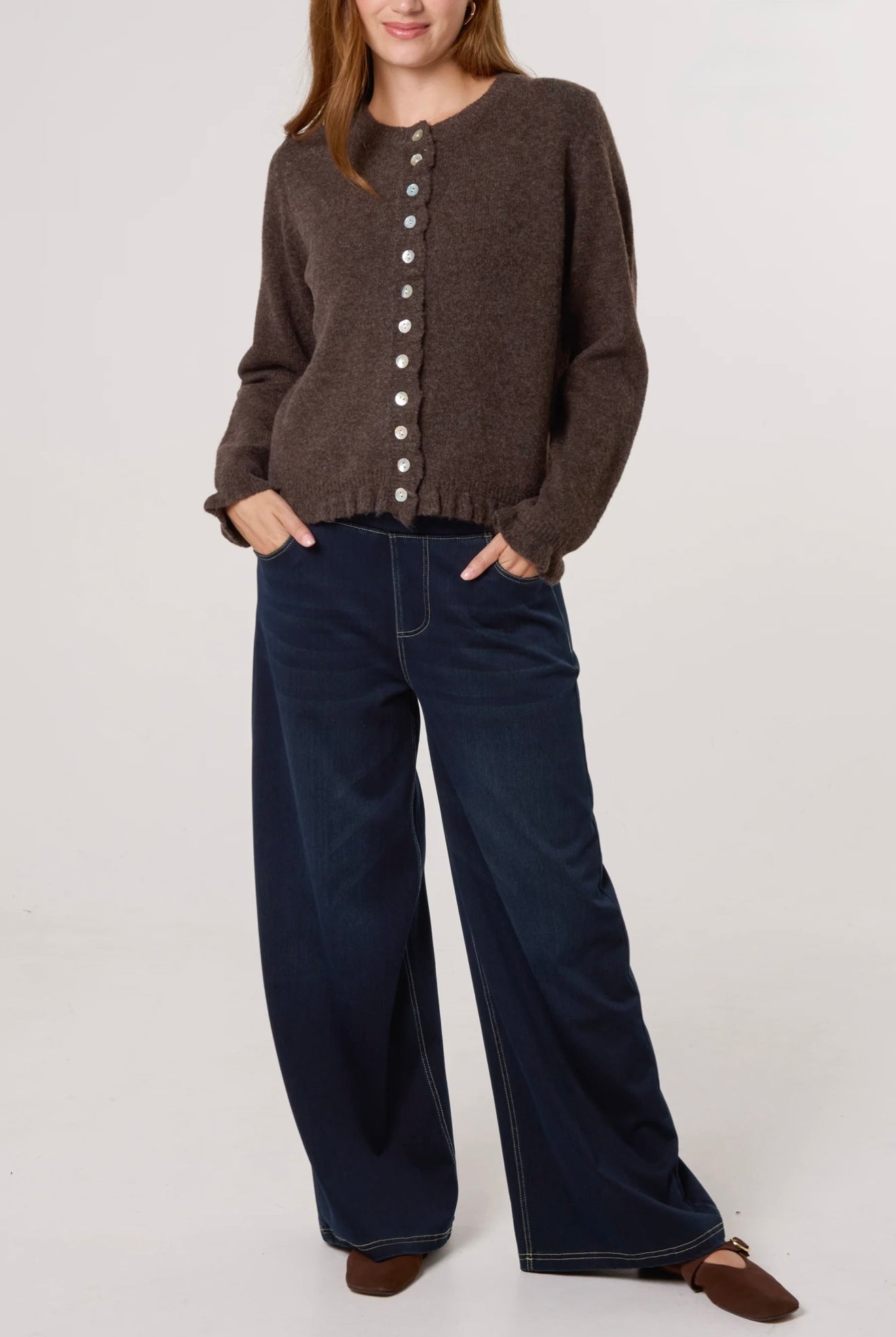 Autumn knit cardigan in coffee shade with ruffle details