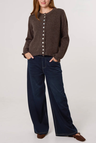 Autumn knit cardigan in coffee shade with ruffle details