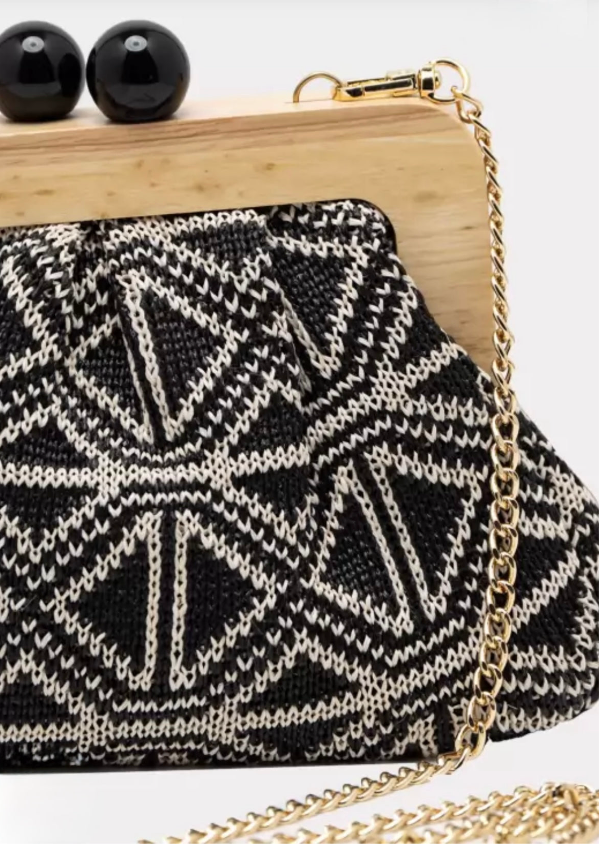 Black & Ivory Geometric Clutch Bag With Wooden Frame & Gold Chain-Kassandra
