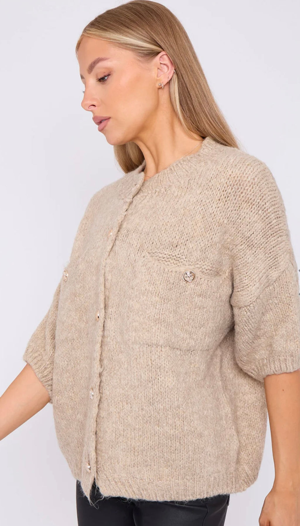 Gold Button Short Sleeve Cardigan- Caterina