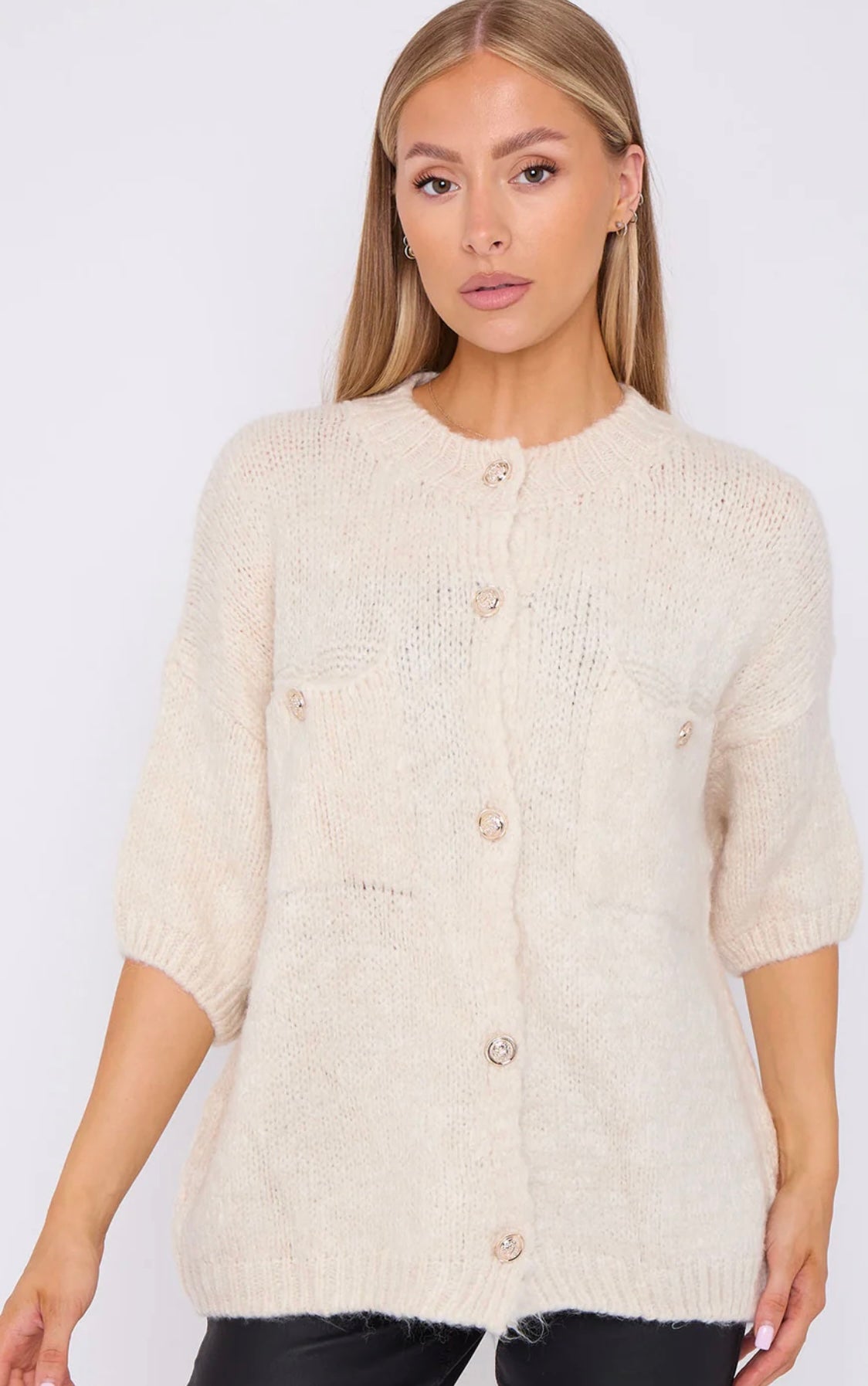 Gold Button Short Sleeve Cardigan- Caterina