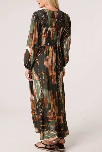 Multi Print Shirred Bust Midi Dress- Incanto
