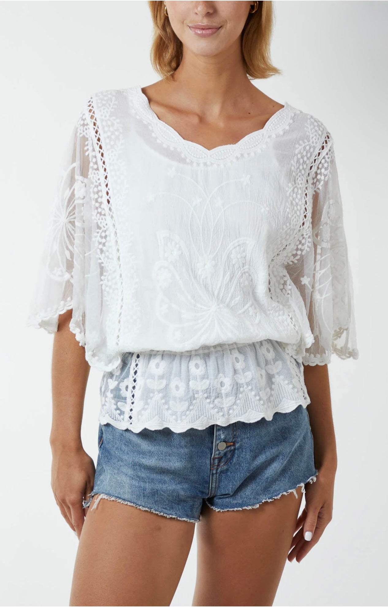 Floral Lace Butterfly Sleeve Blouse- Peony