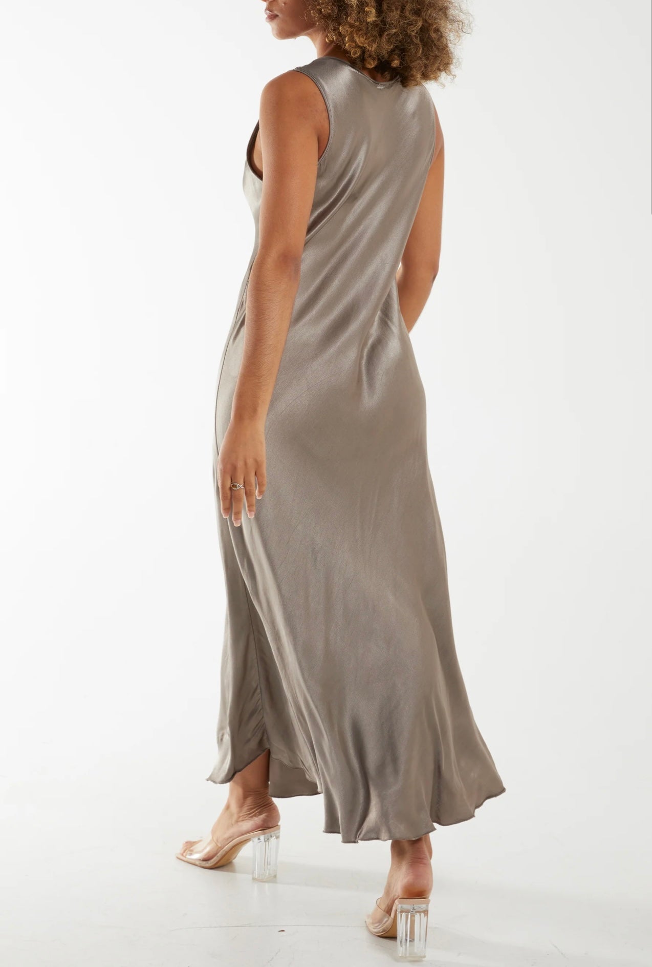 Satin Bias Cut V- Neck Maxi Dress- Cher