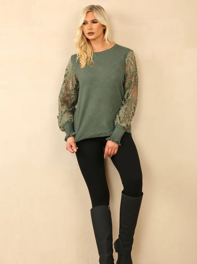 Crochet Sleeves Crew Neck Jumper- Jolie