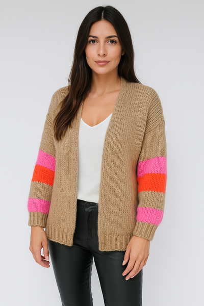 Italian open style cardigan with balloon sleeves and neon stripes