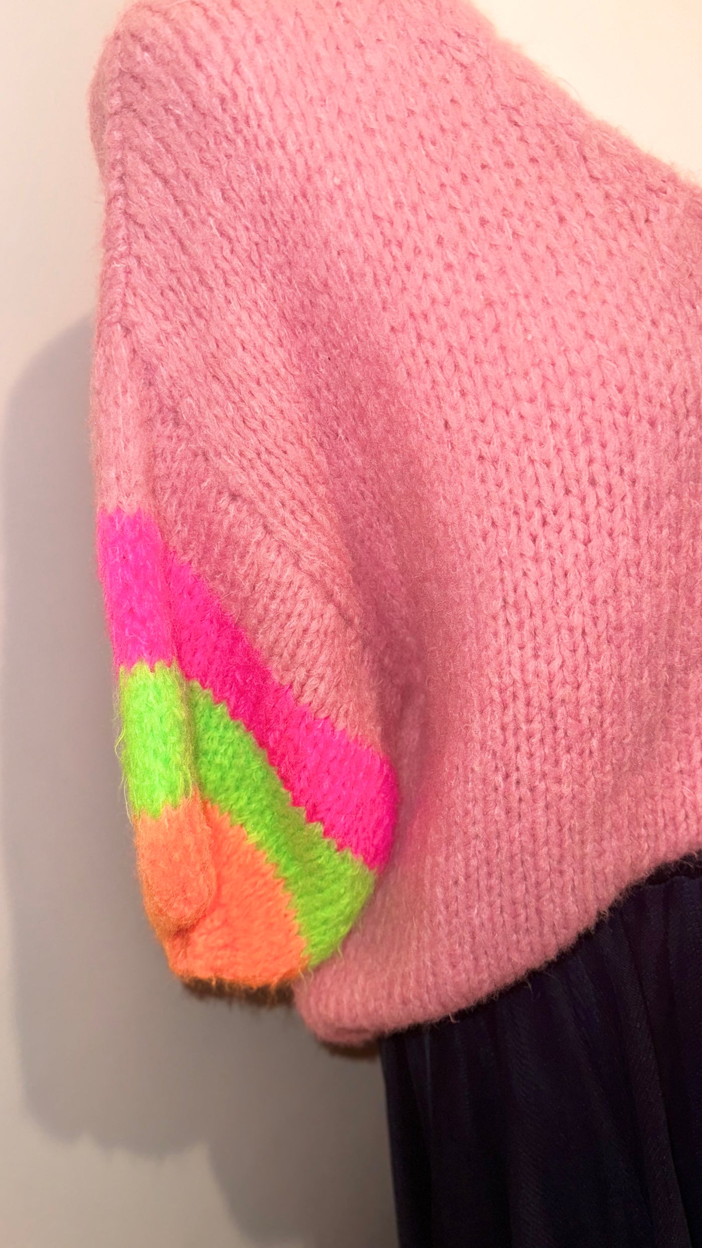 Chunky Knit V-Neck Jumper Neon Sleeves- Audrey