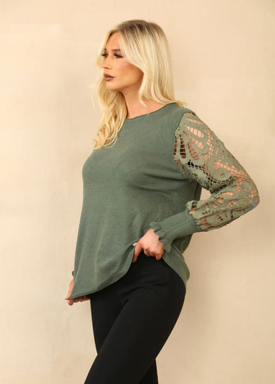 Crochet Sleeves Crew Neck Jumper- Jolie