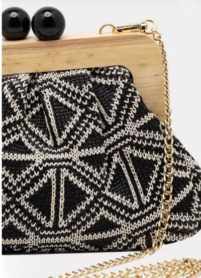 Black & Ivory Geometric Clutch Bag With Wooden Frame & Gold Chain-Kassandra