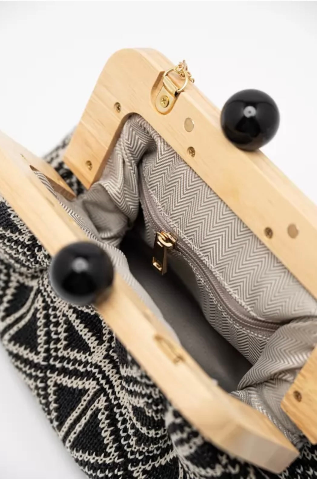 Black & Ivory Geometric Clutch Bag With Wooden Frame & Gold Chain-Kassandra