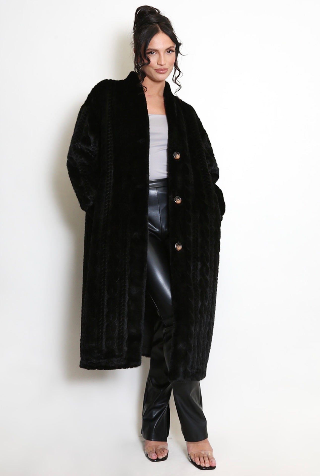 Faux Fur Cable Knit Long Coat- Larissa