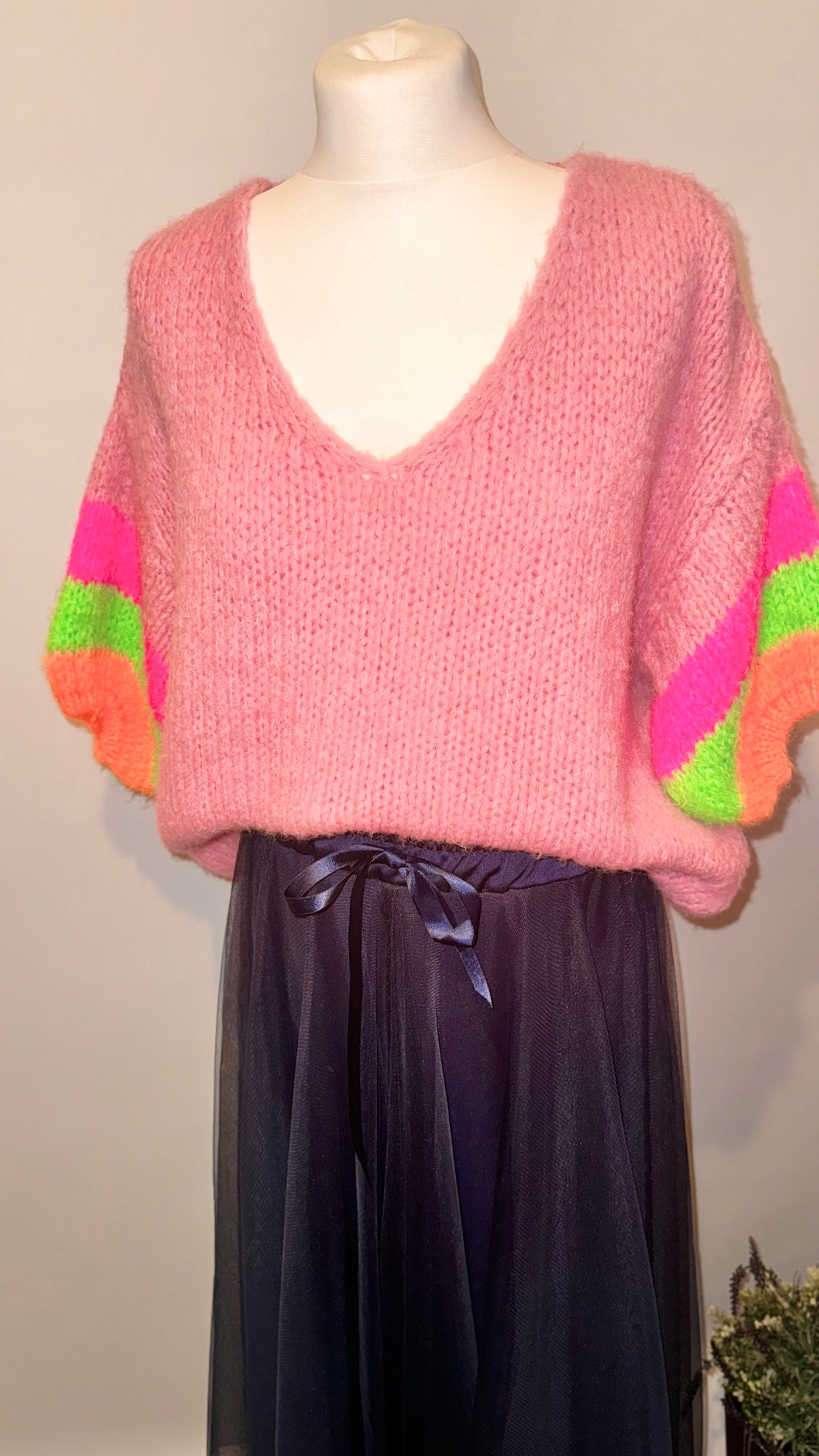 Chunky Knit V-Neck Jumper Neon Sleeves- Audrey