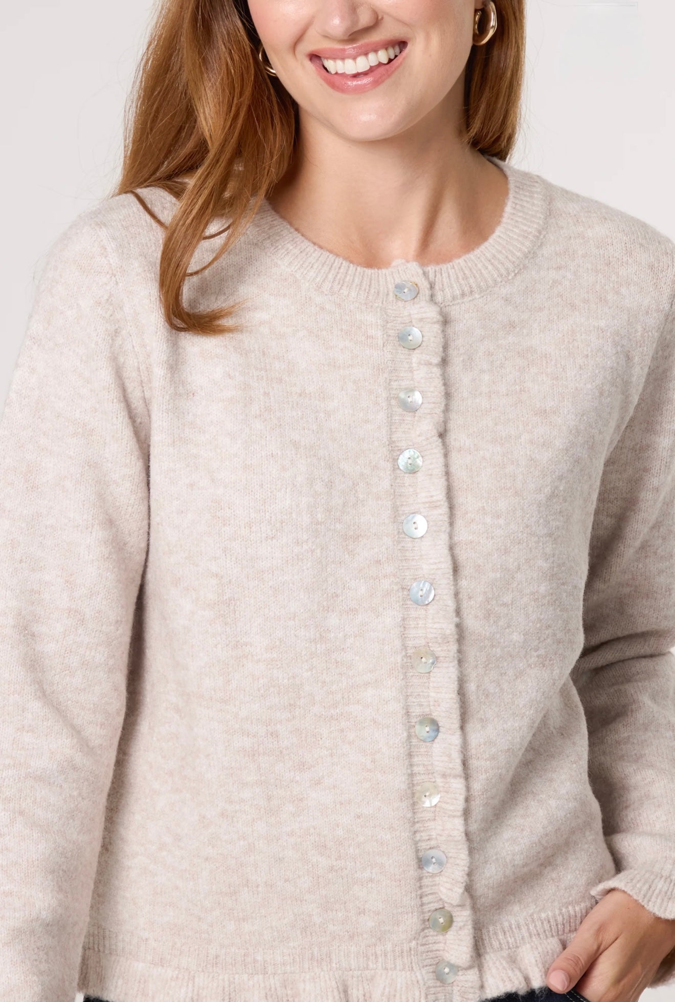 Brina ruffle trim knit cardigan in stone melange – feminine knitwear