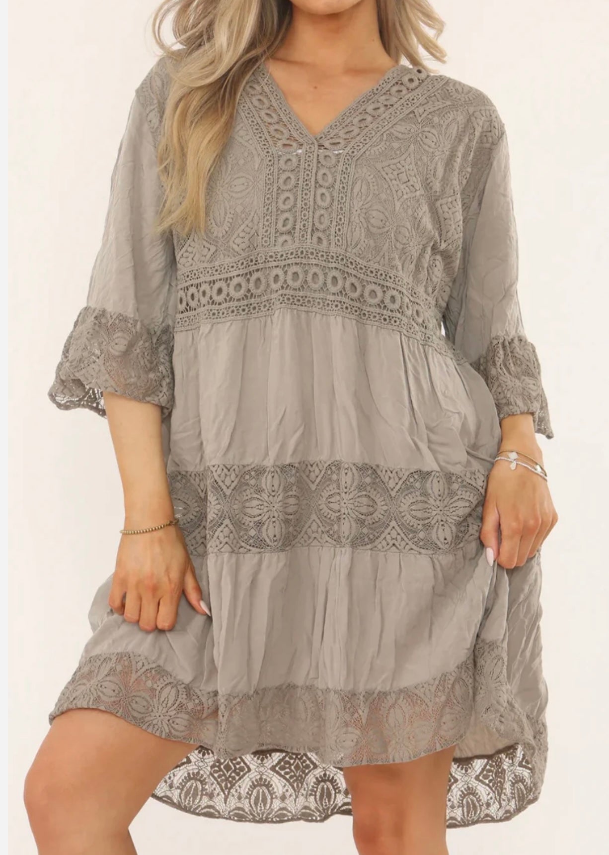 Lace Trim Embroidered Smock Dress- Trina