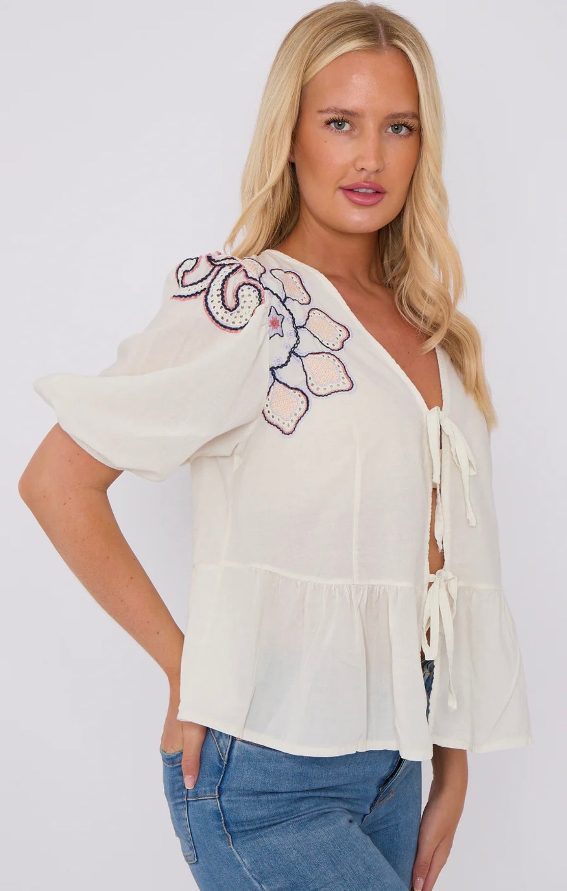 Bow Shoulder Anglaise Top- Susanna