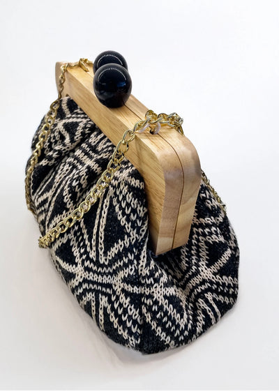 Black & Ivory Geometric Clutch Bag With Wooden Frame & Gold Chain-Kassandra