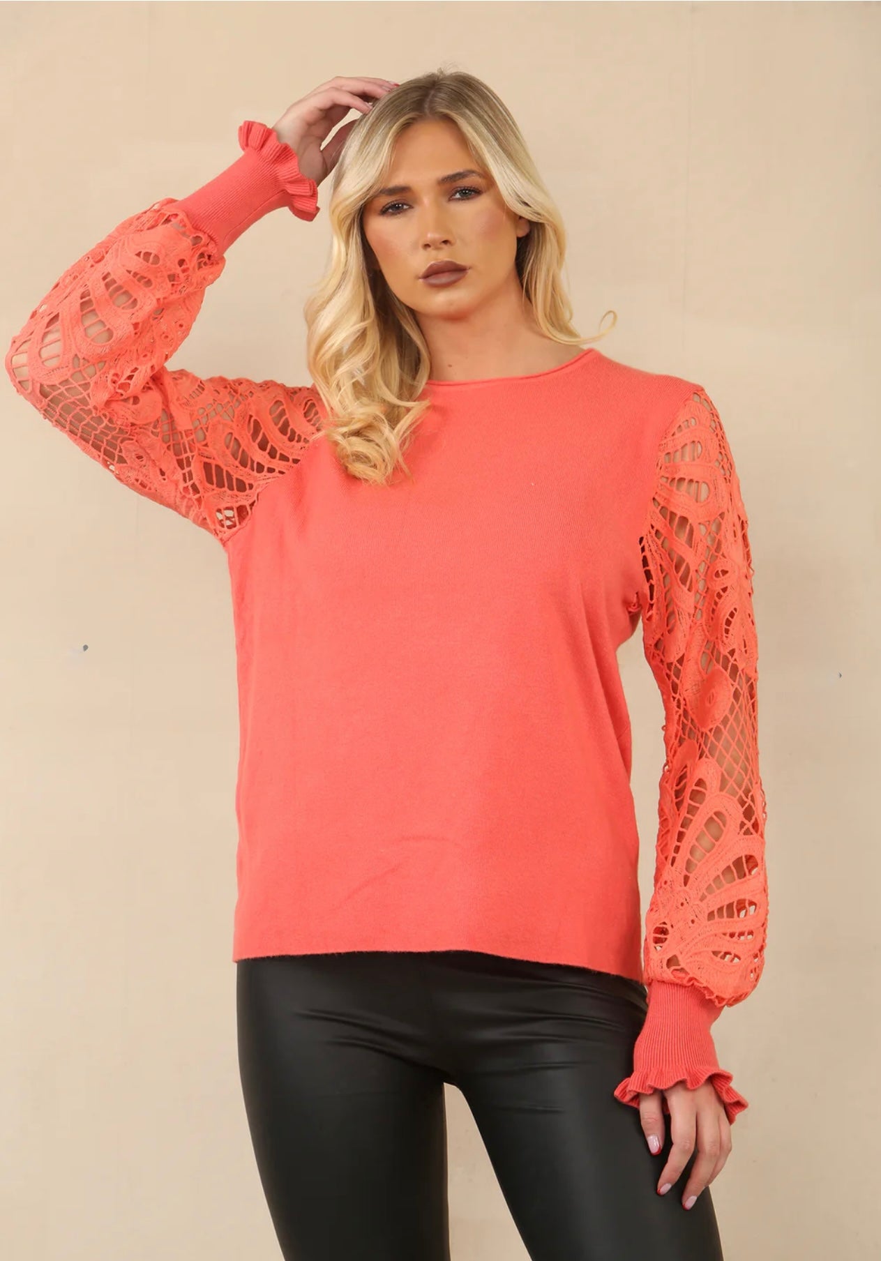 Crochet Sleeves Crew Neck Jumper- Jolie