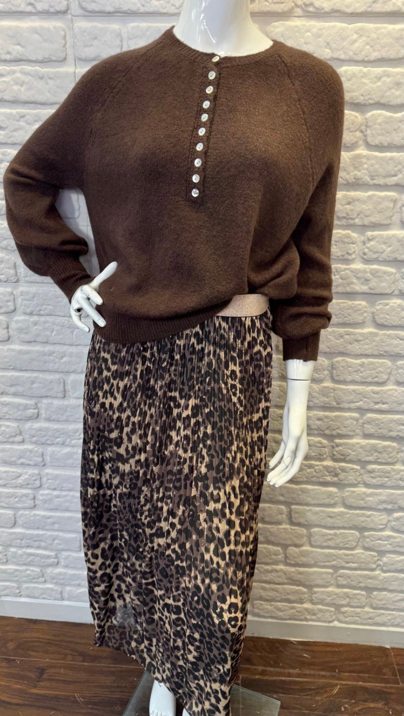 Leopard Print Pleated Skirt with Gold Waistband- Leona