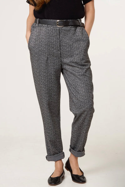 Londra herringbone belted trousers in grey — smart tapered Italian-style fit.