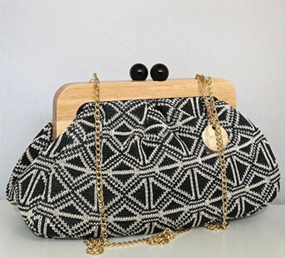 Black & Ivory Geometric Clutch Bag With Wooden Frame & Gold Chain-Kassandra