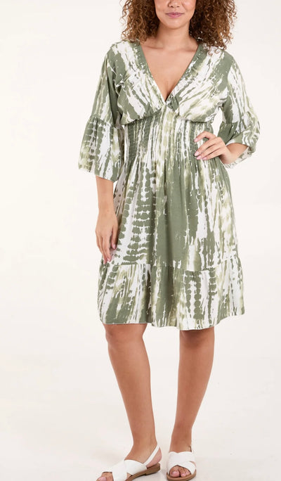 Tie Dye Shirred Bodice Midi Dress- Verdiana