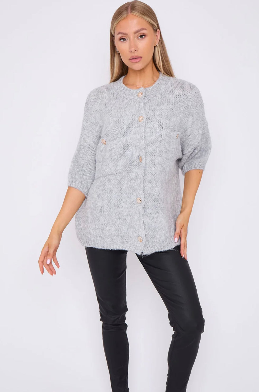 Gold Button Short Sleeve Cardigan- Caterina