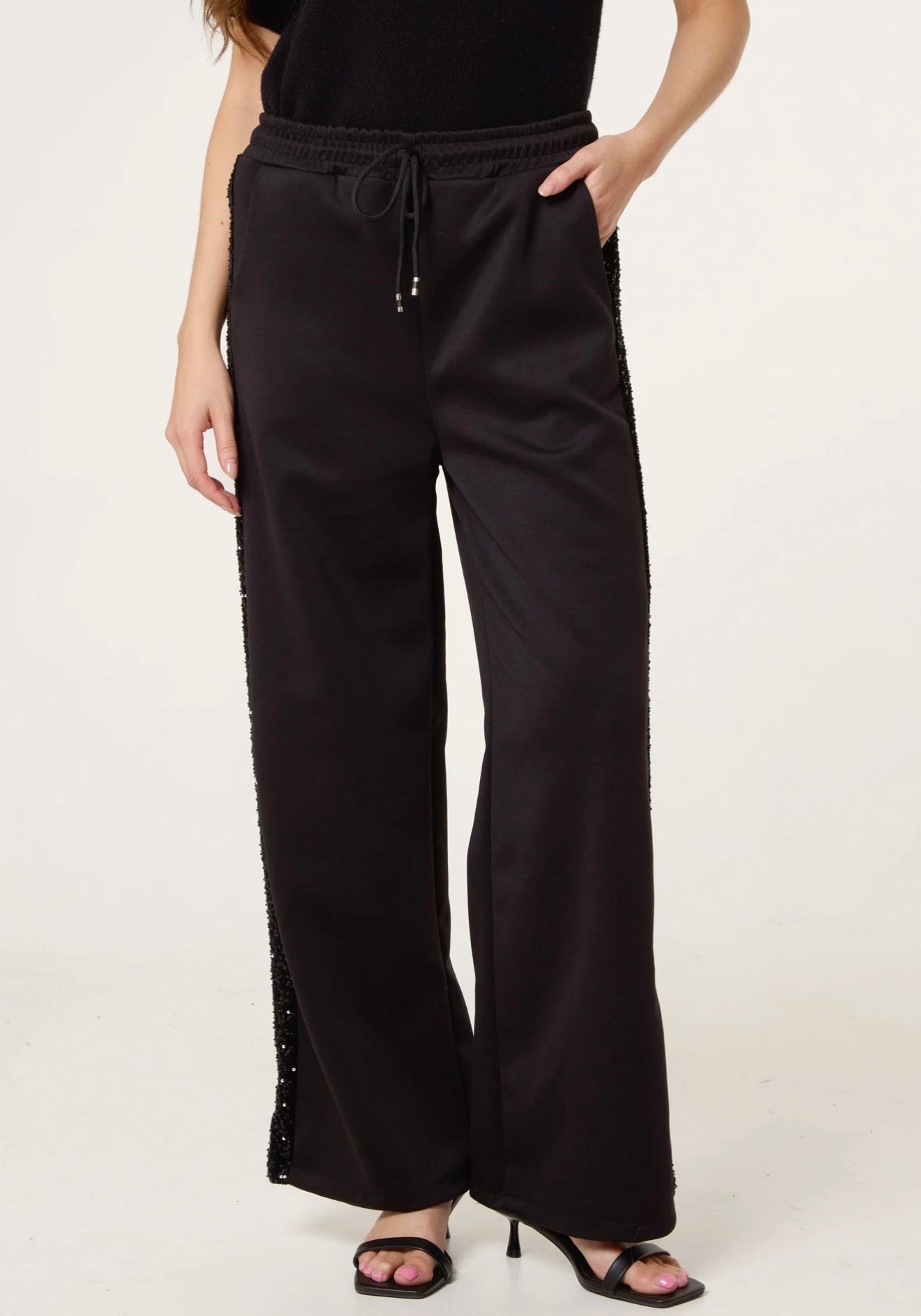 Sequin Velvet Trim Wide-Leg Trousers- Lusso