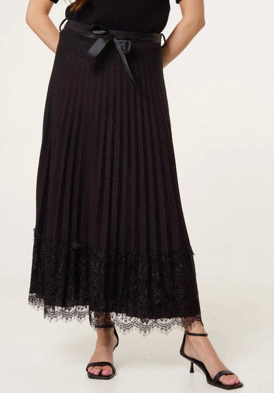 Notte pleated wool-blend lace trim skirt in charcoal grey — elegant Italian-style winter midi.