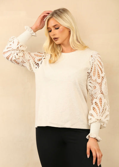 Crochet Sleeves Crew Neck Jumper- Jolie