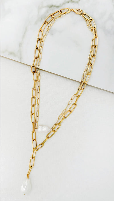 Envy Short Gold Double Layer Necklace with Pearl Charm- Perla