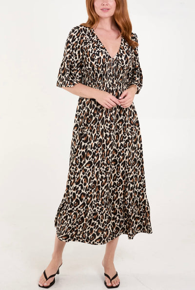 Leopard Print V-Neck Shirred Waist Midi Dress- Luisanna