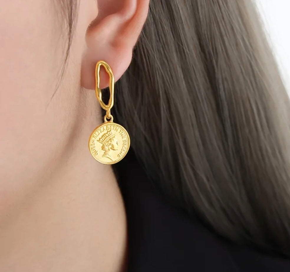 Queen Elizabeth Gold Coin Earrings- Beth