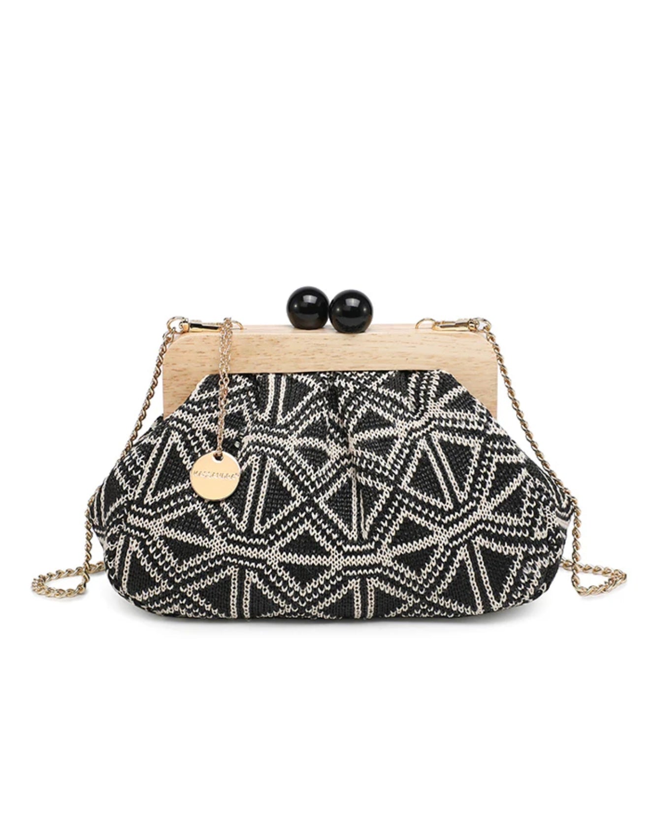 Black & Ivory Geometric Clutch Bag With Wooden Frame & Gold Chain-Kassandra