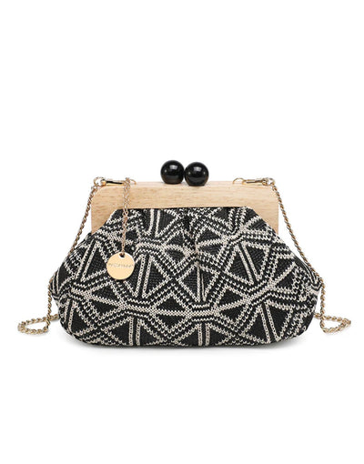 Black & Ivory Geometric Clutch Bag With Wooden Frame & Gold Chain-Kassandra