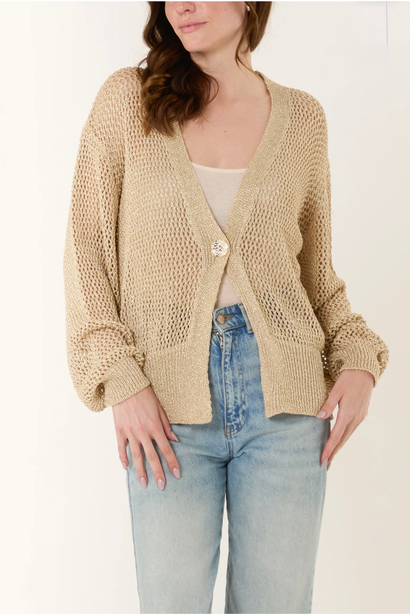 Gold Button Lurex Knit Cardigan- Luminosa