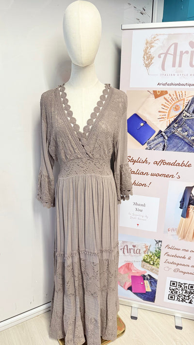Lace Crochet V-Neck Italian Long Dress- Gloriana