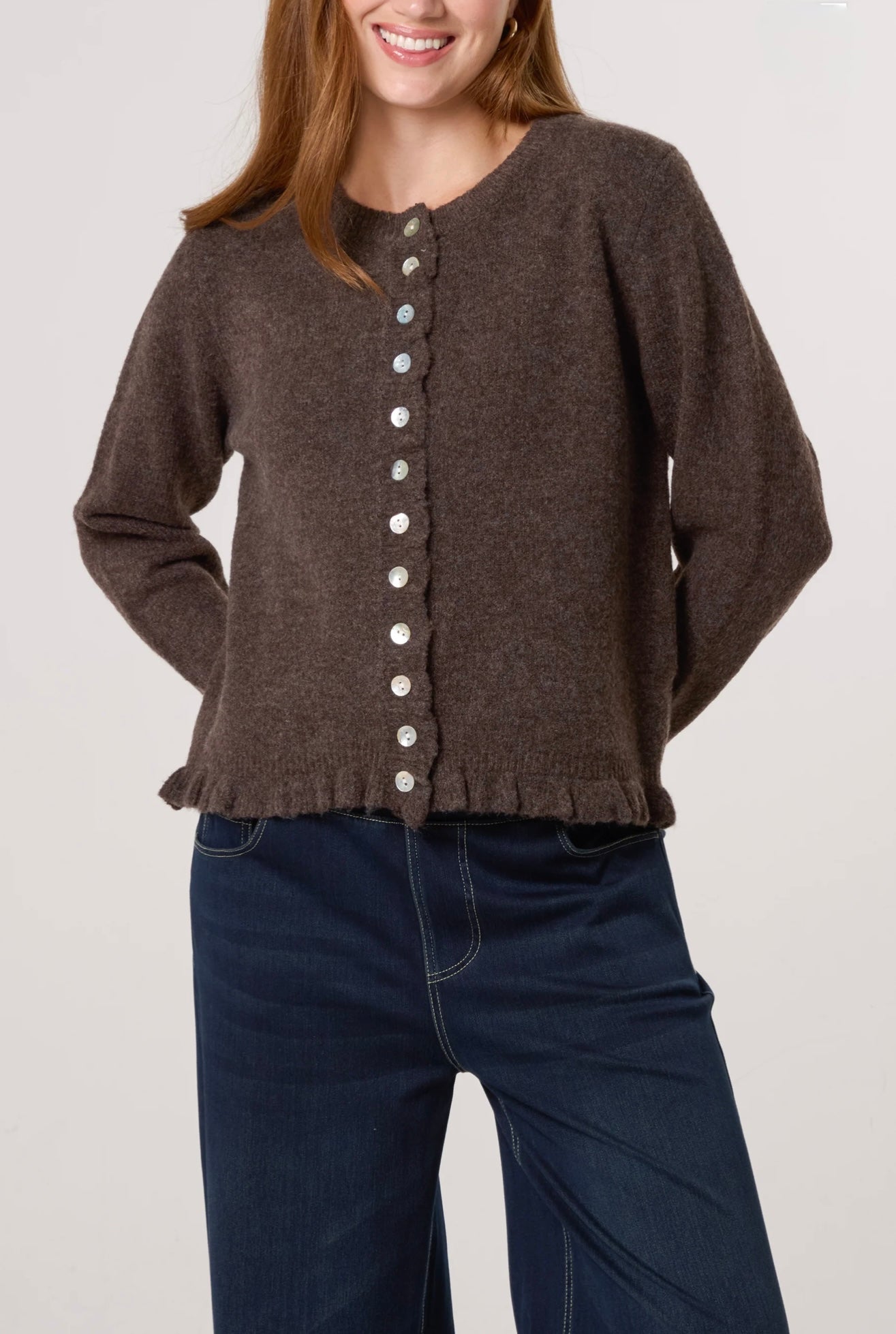 Italian knit cardigan in coffee shade with ruffle cuffs, ruffle hem, and pearl button front – Brina by Aria Italian Style Boutique