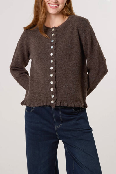 Italian knit cardigan in coffee shade with ruffle cuffs, ruffle hem, and pearl button front – Brina by Aria Italian Style Boutique