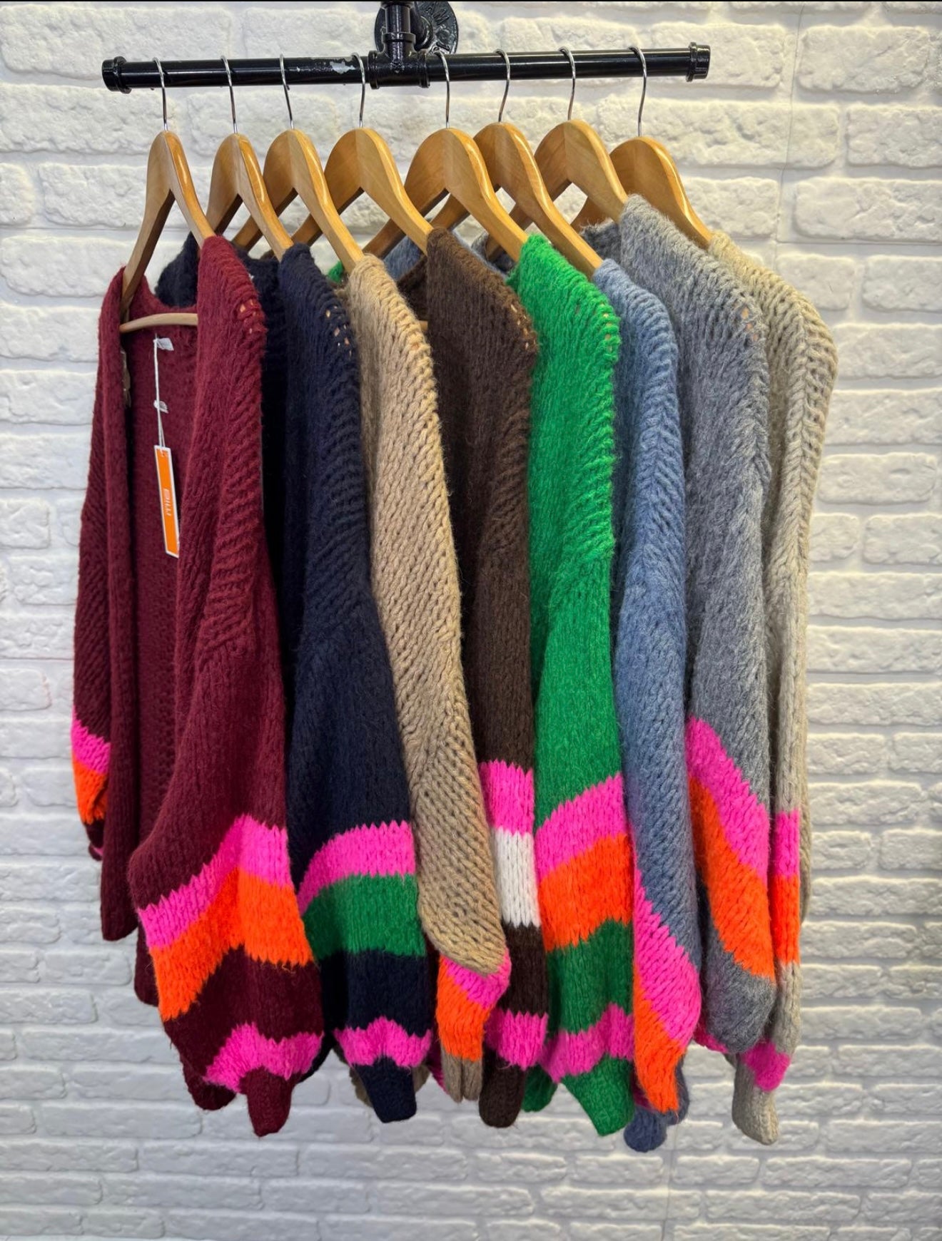 Brio wool blend chunky knit cardigan in burgundy with bold stripe detail