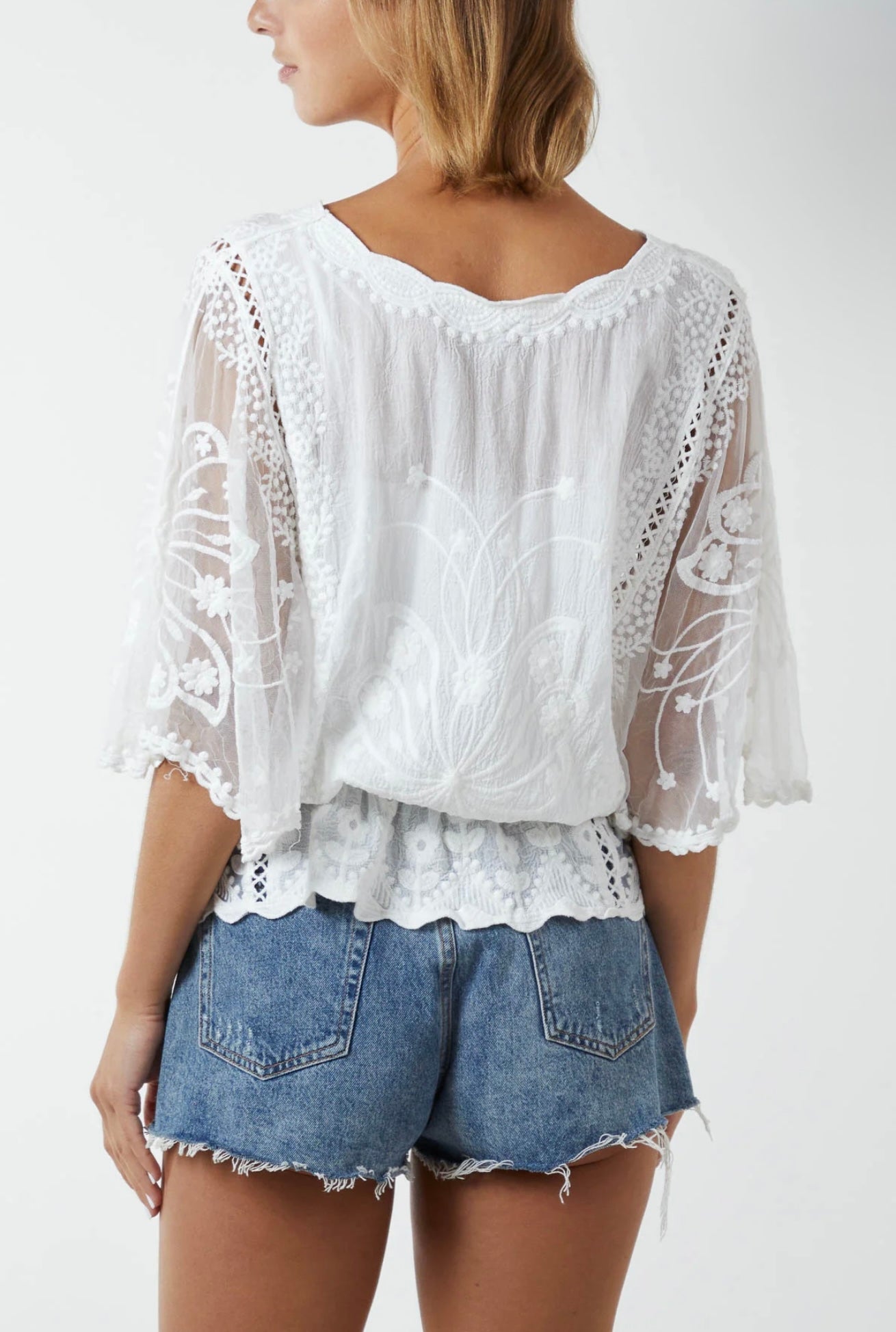 Floral Lace Butterfly Sleeve Blouse- Peony